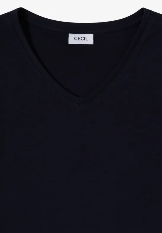 Czarny T-shirt z dekoltem w serek i metką 'Cecil' na kołnierzu.