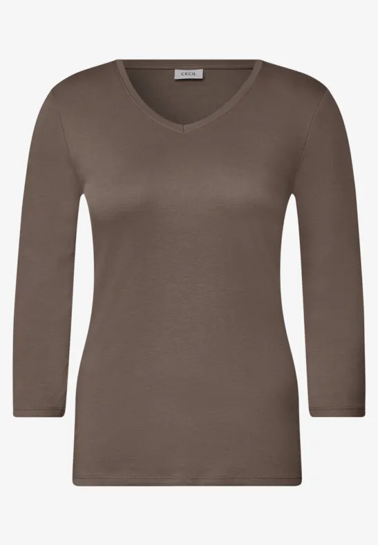 Braunes Damen-Shirt mit V-Ausschnitt und 3/4-Ärmeln.
