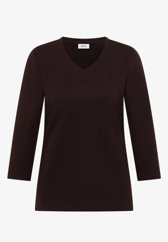 Braunes Damen-Shirt mit V-Ausschnitt und 3/4-Ärmeln, zeitloses Basic.