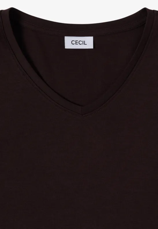 Braunes Kurzarm-V-Shirt mit V-Ausschnitt und weißem CECIL-Label am inneren Kragen