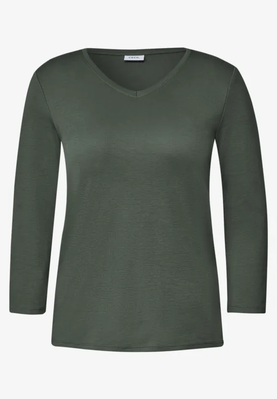 Eenvoudig donkergroen damesshirt met V-hals en lange mouwen.