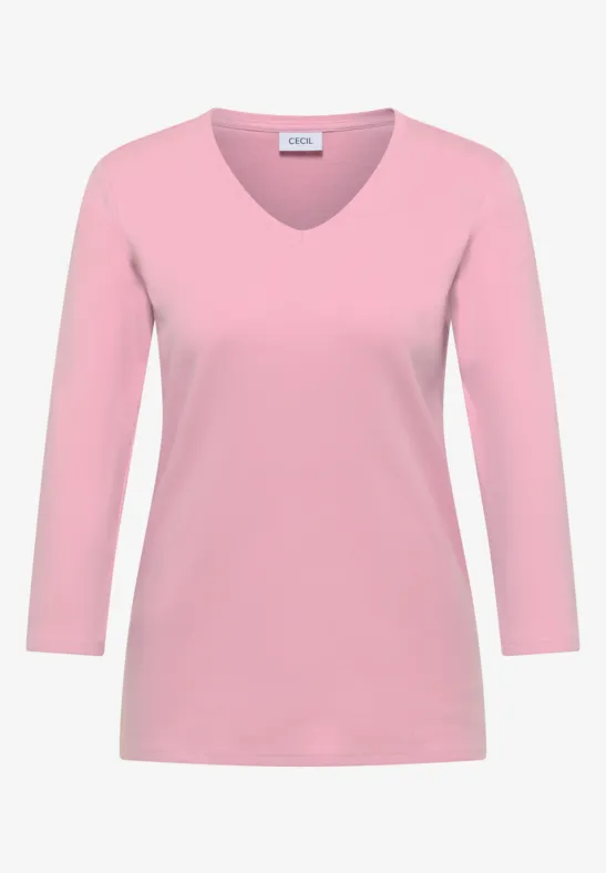 Hellrosa Damen-Langarmshirt mit V-Ausschnitt
