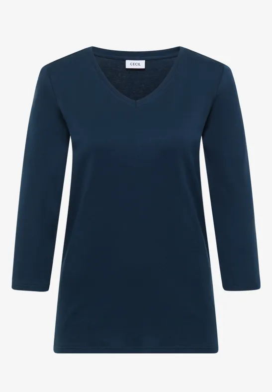 Dunkelblaues Damen-Shirt mit V-Ausschnitt und 3/4-Ärmeln.
