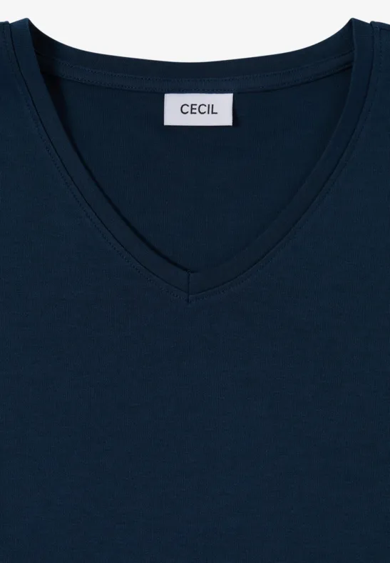 Dunkelblaues V‐Ausschnitt‐Shirt mit Markenlabel 'CECIL'.