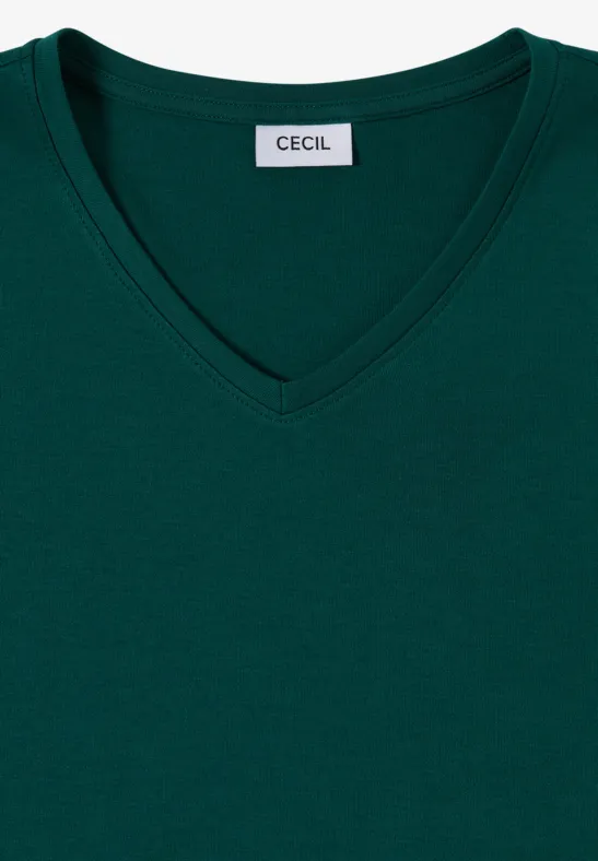Grünes V-Ausschnitt-Shirt mit 'CECIL'-Label, schlicht und elegant.