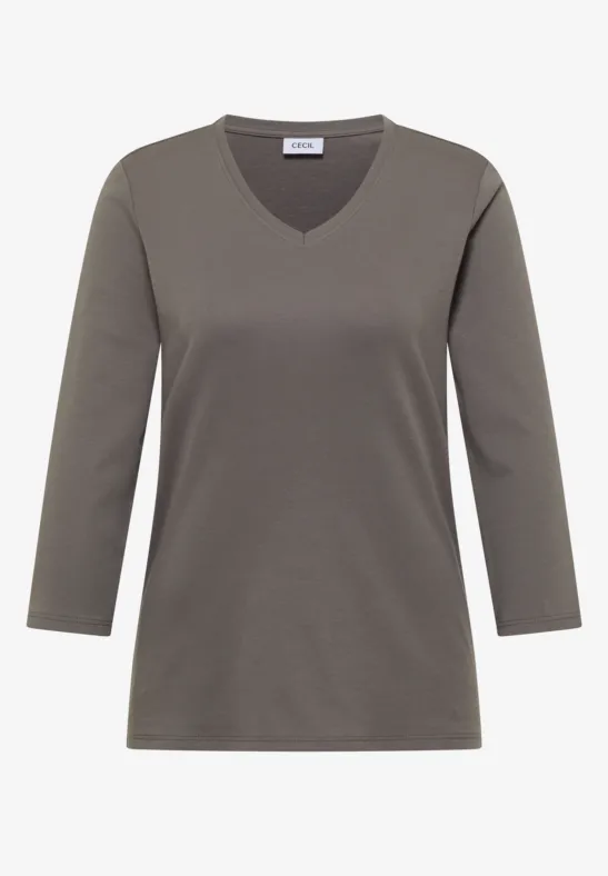Olivgrünes Damen-Shirt mit V-Ausschnitt und 3/4-Ärmeln, schlicht und figurbetont.