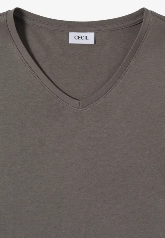 Grau-braunes T-Shirt mit V-Ausschnitt und CECIL-Logo am Hals, schlicht und zeitlos.