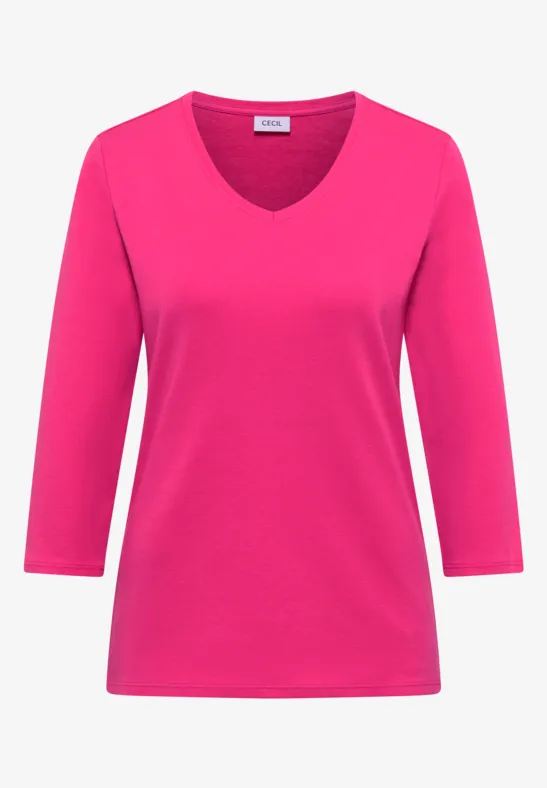 Pinkes T-Shirt mit V-Ausschnitt und 3/4-Ärmeln, schlichtes Design.