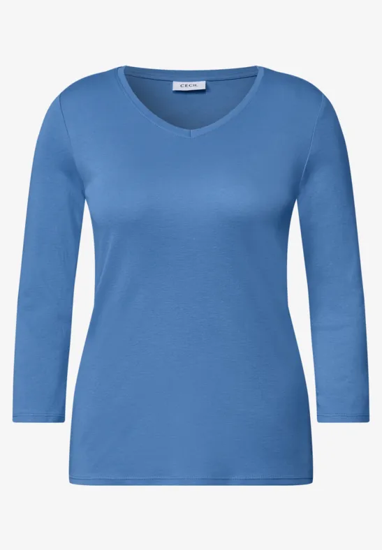 Blaues Damenshirt mit 3/4-Ärmeln und V-Ausschnitt.