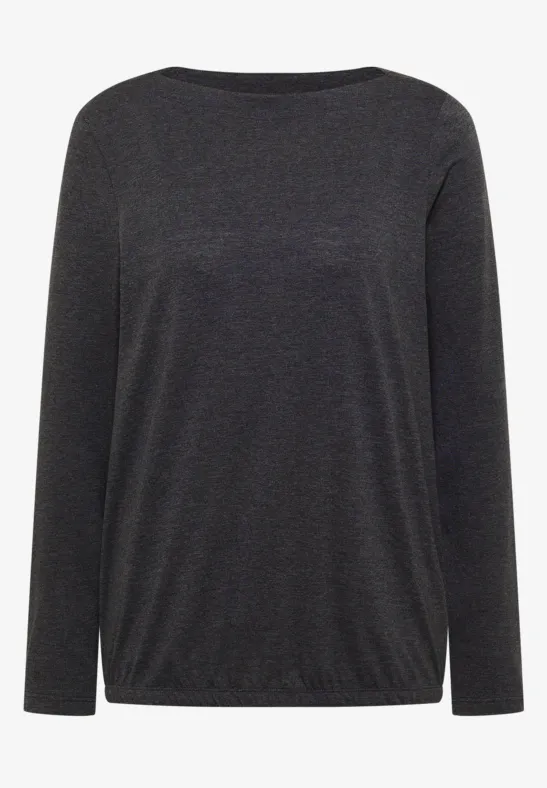 Einfaches, dunkelgraues, langärmeliges Shirt mit rundem Halsausschnitt.