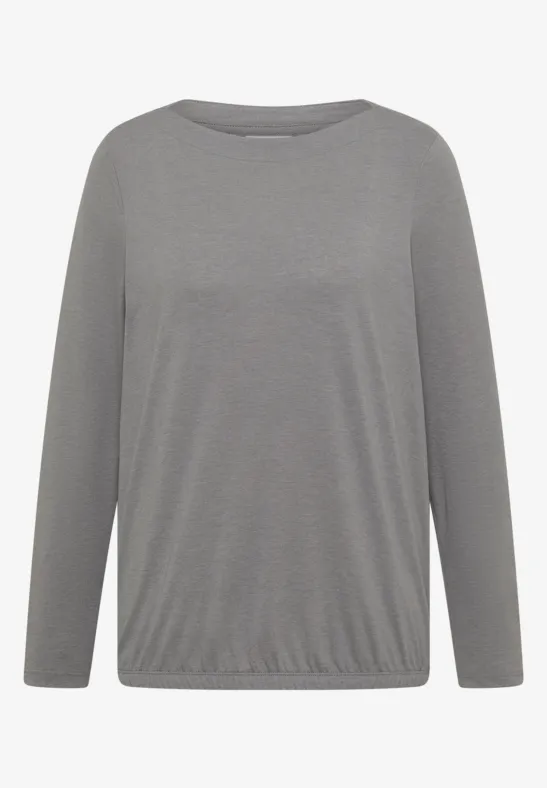 Helles graues Langarmshirt mit Rundhalsausschnitt und elastischem Saum.