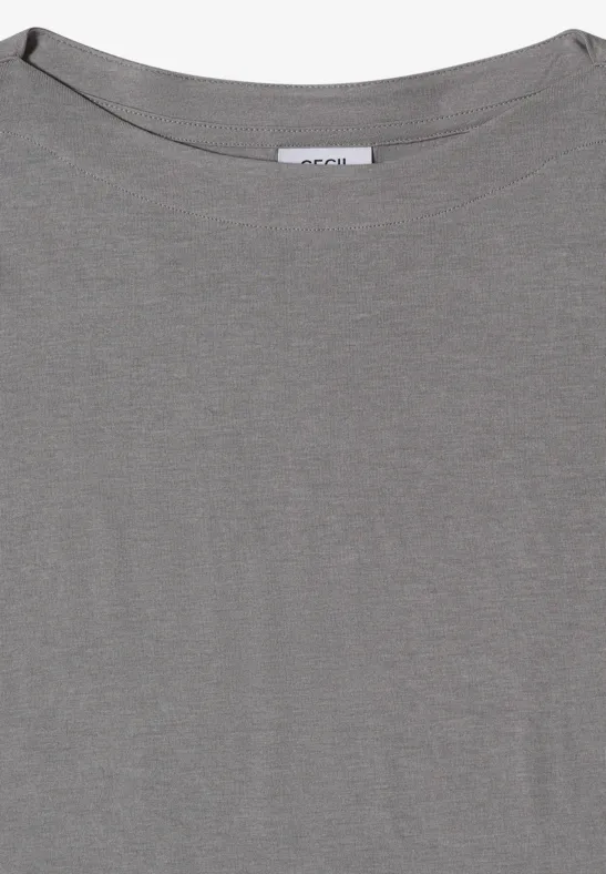 Schlichtes graues T-Shirt mit rundem Ausschnitt und kurzen Ärmeln.