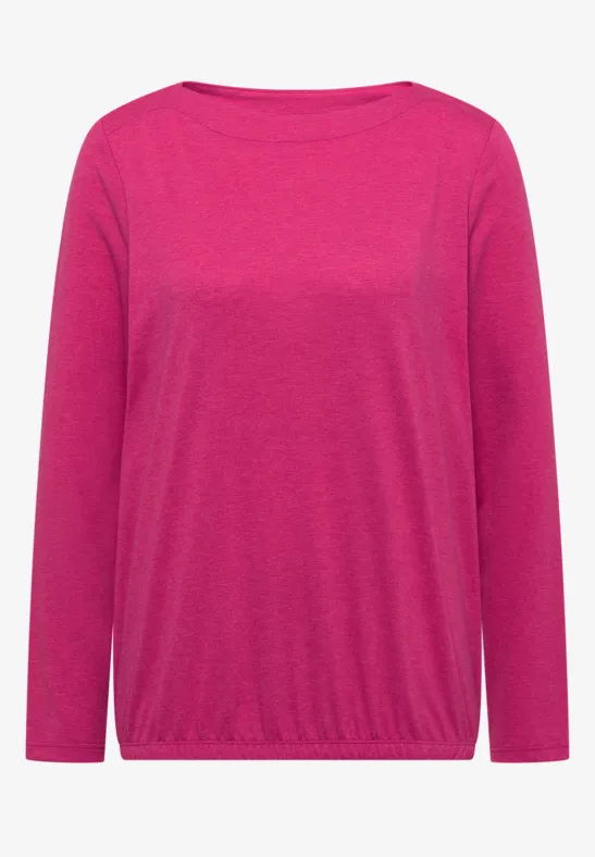 Rosa Langarmshirt mit weitem Rundhalsausschnitt und elastischem Saum.