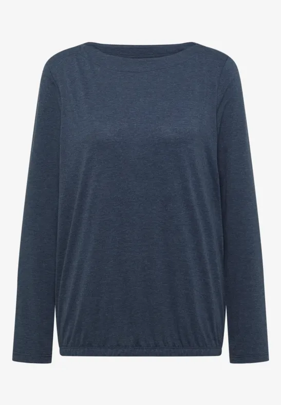 Ein dunkelblaues Langarmshirt mit Rundhals und leichtem Gummizug am Saum.