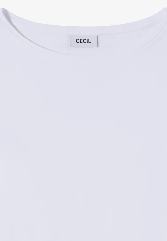 Schlichtes weißes Rundhals-T-Shirt mit dezentem 'CECIL'-Label im Nacken.