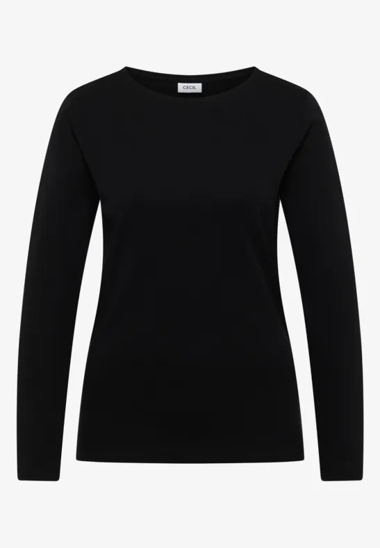 Schwarzes, schlichtes Langarmshirt für Damen mit Rundhalsausschnitt.