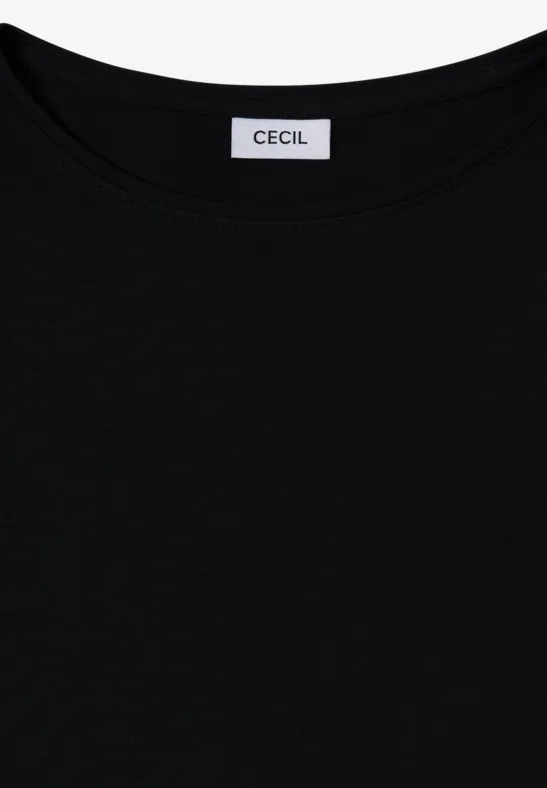 Schwarzes T-Shirt mit Rundhalsausschnitt und weißem CECIL-Label am Kragen.
