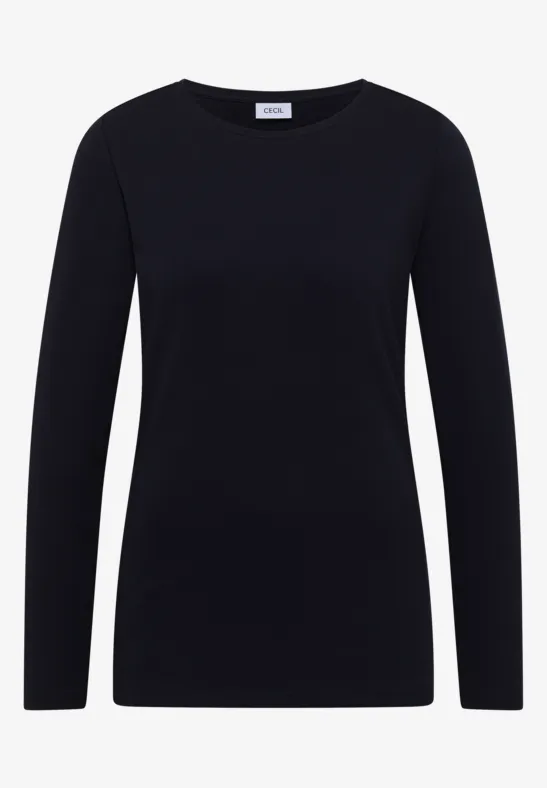 Schwarzes Langarmshirt mit schlichtem Design, taillierter Passform und rundem Halsausschnitt.