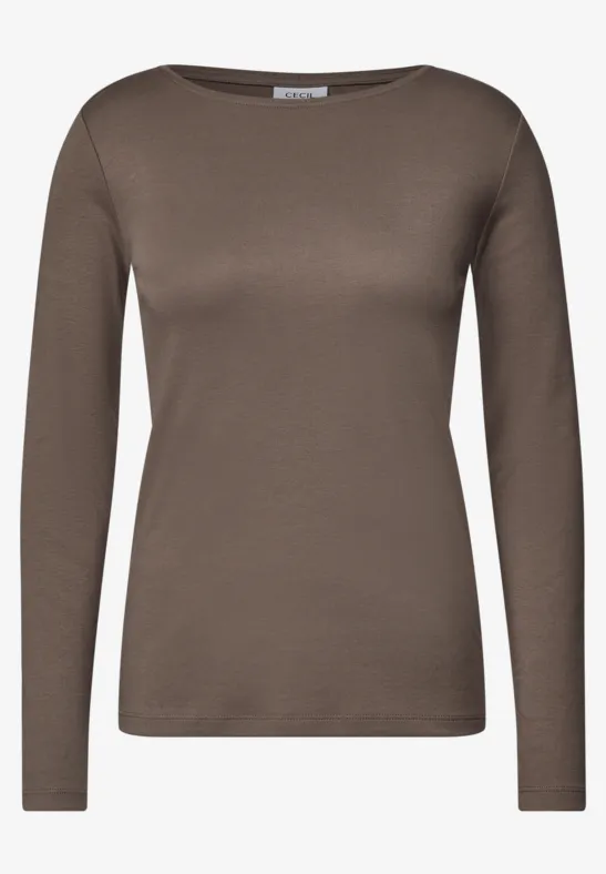 Schlichtes, langärmeliges Damen-Shirt in Braun mit Rundhalsausschnitt.