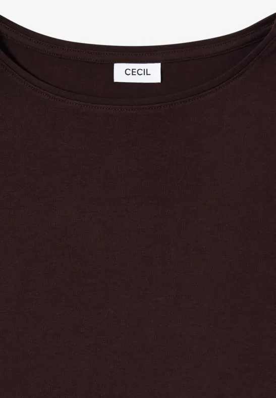 Dunkelbraunes T-Shirt mit Rundhalsausschnitt und weißem Markenlabel 'CECIL' im Nacken.