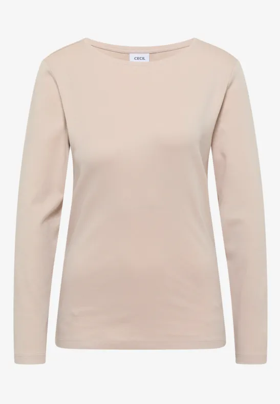 Beiges, schlichtes Langarmshirt aus weichem Stoff mit Rundhalsausschnitt.