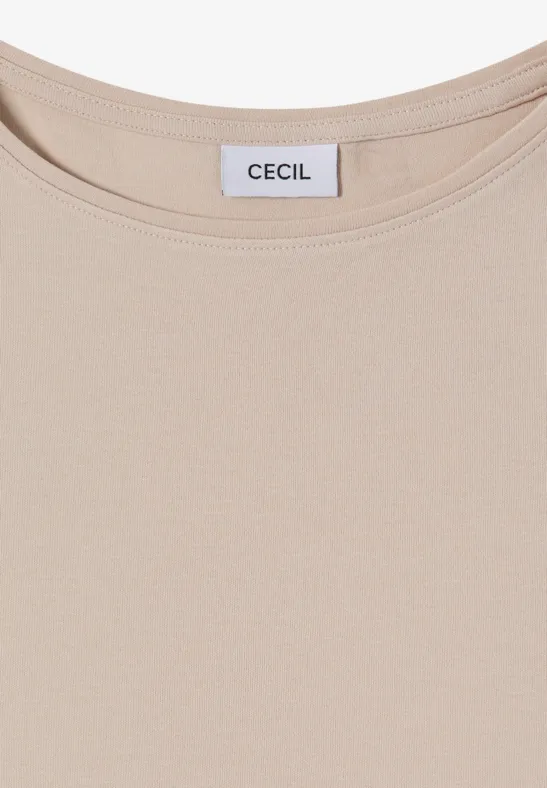 Beige T-Shirt mit Rundhalsausschnitt und CECIL-Logo am Kragen