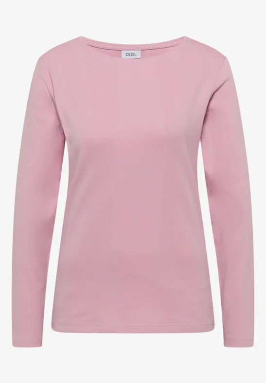 Schlichtes rosa Langarmshirt mit Rundhalsausschnitt, Damenoberteil aus weichem Stoff.