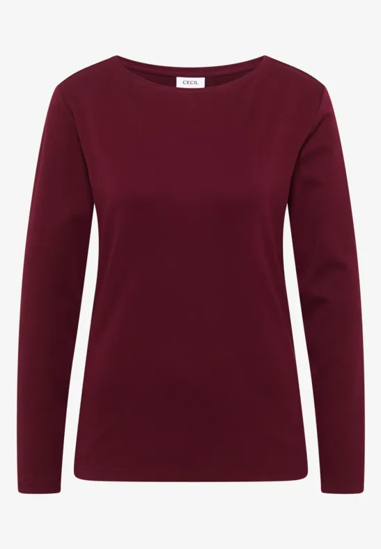 Schlichtes, langärmliges Damen-Shirt in dunklem Burgundrot.