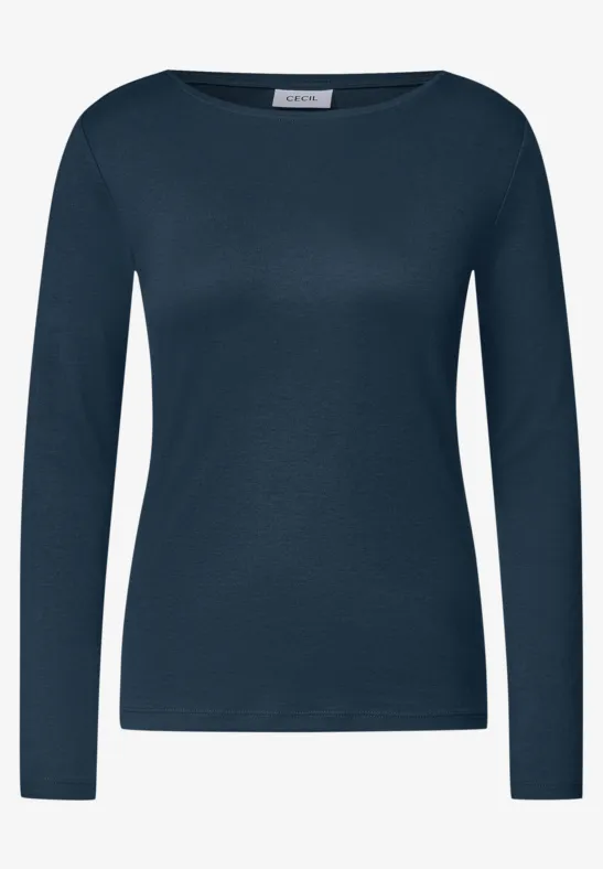 Schlichtes dunkelblaues Langarmshirt mit Rundhalsausschnitt.