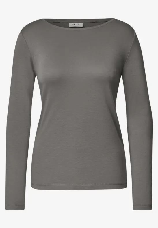 Graues, schlichtes Damen-Langarmshirt auf weißem Hintergrund.