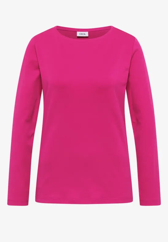 Ein schlichtes langärmliges, knallpinkes Shirt mit rundem Ausschnitt.