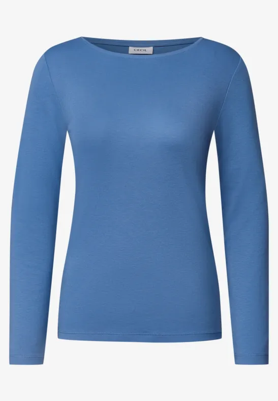 Blaues, figurbetontes Langarm-Shirt für Damen mit rundem Ausschnitt.