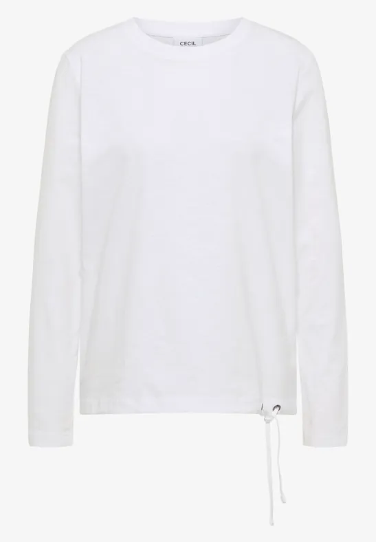 T-shirt blanc à manches longues avec col rond et cordon latéral.