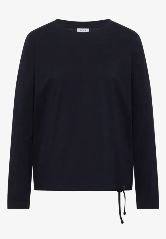 Noir pull à manches longues avec encolure ronde et cordon de serrage à la taille.