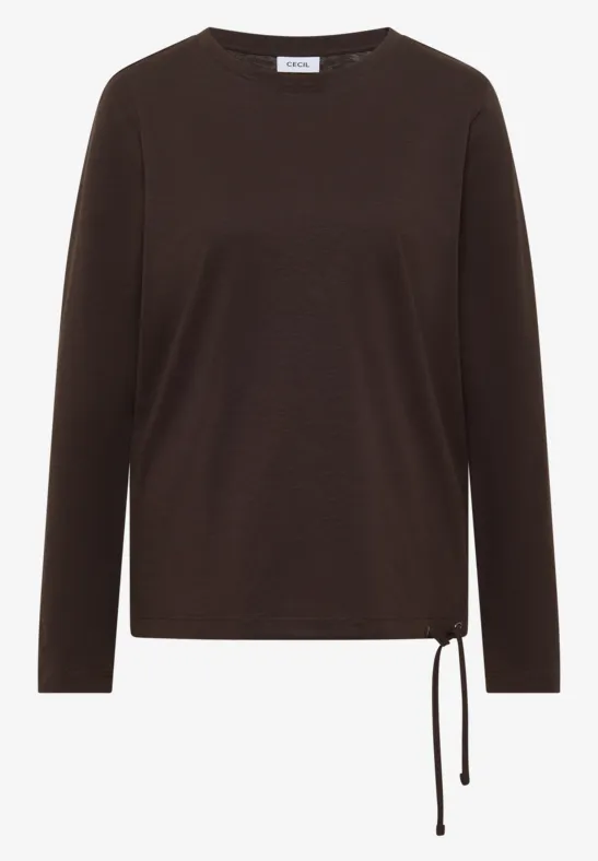 Braunes Langarmshirt mit Rundhalsausschnitt und seitlicher Kordel am Saum.