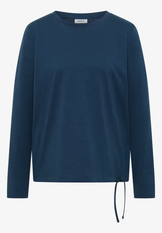 Schlichtes marineblaues Langarmshirt mit Rundhalsausschnitt und seitlicher Kordel zum Raffen.