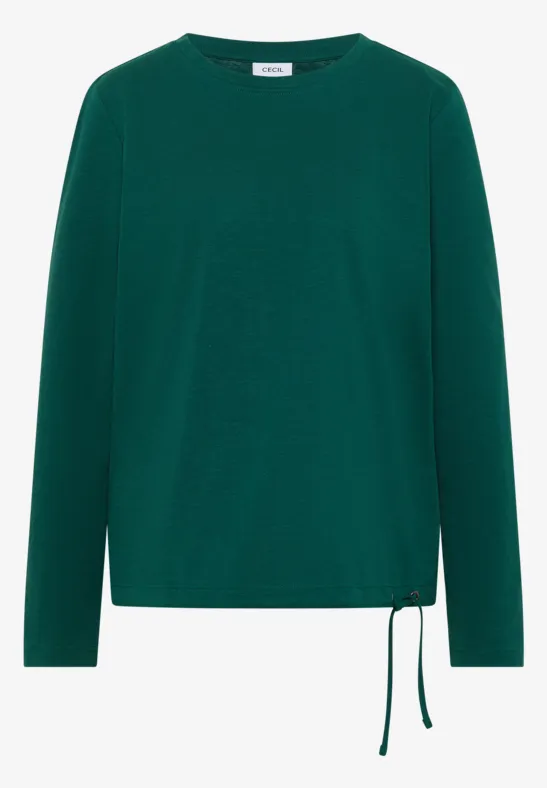 Grünes Langarmshirt mit rundem Ausschnitt und seitlicher Schnürung am Saum.