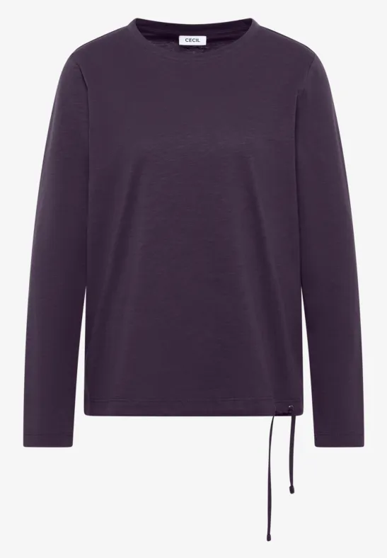 Dunkellilafarbenes Langarmshirt mit Rundhalsausschnitt und seitlichem Kordelzug