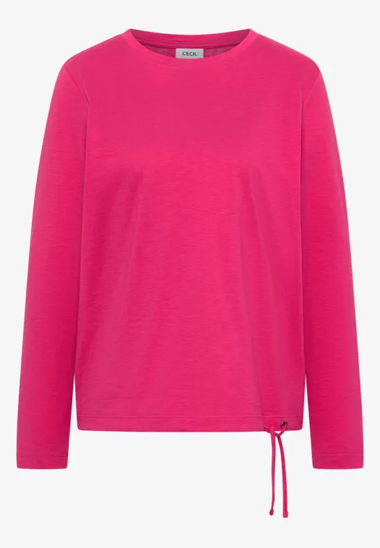 Langärmeliges pinkes T-Shirt mit Rundhalsausschnitt und seitlichem Kordelzug.