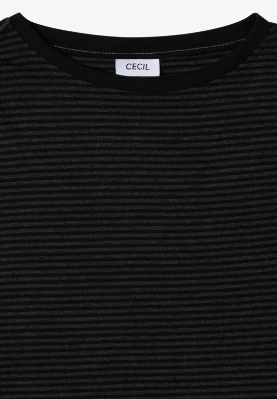 T-shirt noir légèrement côtelé à fines rayures horizontales, encolure ronde, étiquette CECIL visible à l'intérieur.