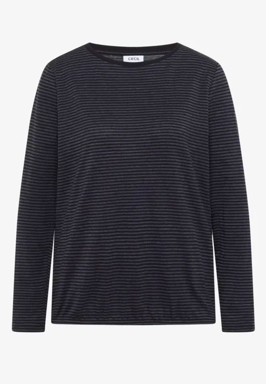 T-shirt manches longues noir à fines rayures grises, épuré et intemporel.