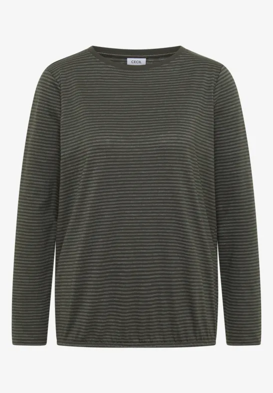 T-shirt à manches longues vert foncé à fines rayures avec encolure ronde