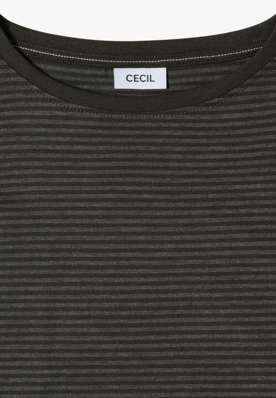 T-shirt femme vert foncé à fines rayures horizontales, col rond, marque CECIL.