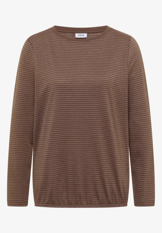 Braun-beiges Langarmshirt mit feinen Streifen und Rundhalsausschnitt
