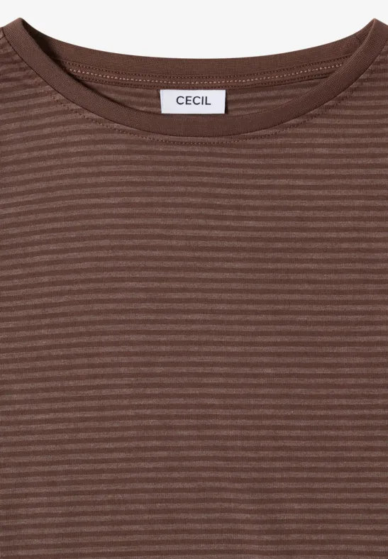 Braunes, fein gestreiftes Shirt mit rundem Ausschnitt und Markenetikett 'CECIL'.