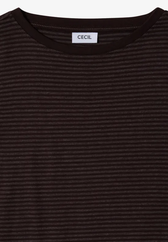 Schwarz-braun gestreiftes Langarmshirt mit Rundhalsausschnitt und Markenlabel 'CECIL' innen am Kragen.