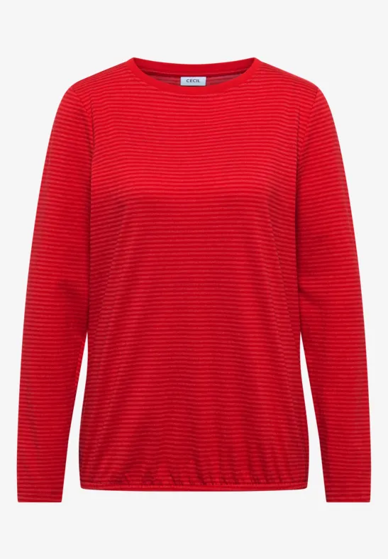 T-shirt rouge à manches longues, rayures fines et col rond.