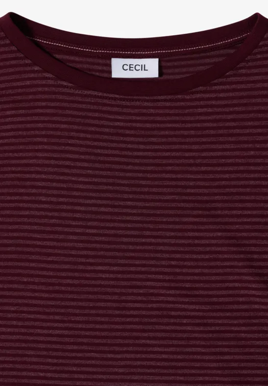 T-shirt à manches longues bordeaux à rayures avec encolure ronde de Cecil.