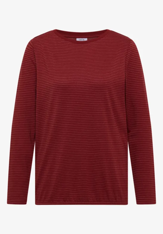 Dunkelrotes Langarmshirt mit feinen Querstreifen und rundem Ausschnitt.