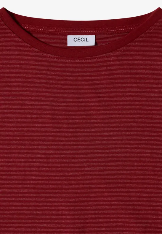 Rotes, dünn gestreiftes, geripptes Langarmshirt mit Rundhalsausschnitt und CECIL-Label.